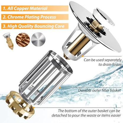 Anlige Bathroom Sink Drain Strainer, 2PCS 3 in 1 Pop Up Bathroom Sink Stopper with Removable Brass Basket Hair Catcher, Universal Sink Plug for 1.06 to 1.6in Drain Hole, Chrome Silver - style: Bathroom Sink Stopper Hair Catcher