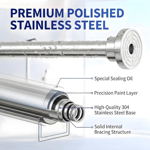 304 Stainless Steel Shower Curtain Rod, Adjustable Telescopic Tension Rod, Rustproof Bathroom Rod, No Drilling Expandable Curtain Rod 42–78 Inch – Brushed Nickel + 80“ x 80” Shower Curtain - color: Brushed Nickel, size: 42"–78"