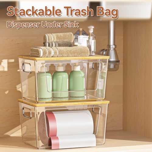 spospo Trash Bag Holder with Bamboo Lid Stackable Trash Bag Dispenser | Extra Large Garbage Bag Holder for Kitchen Laundry Room Under Sink Organization and Storage (1Pack) - size: 1 Pack