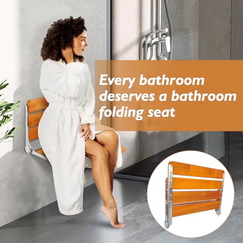 Folding Shower Seat Wall Mounted Shower Seat,Folding Shower Bech Chair 316 Stainless Steel Frame,Foldable Teak Wood Fold Down Shower Seat Beech Wood 450 lbs,1 Pack - color: Beech Wood Color