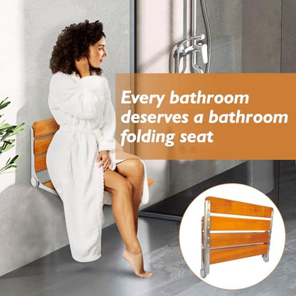 Folding Shower Seat Wall Mounted Shower Seat,Folding Shower Bech Chair 316 Stainless Steel Frame,Foldable Teak Wood Fold Down Shower Seat Beech Wood 450 lbs,1 Pack - color: Beech Wood Color
