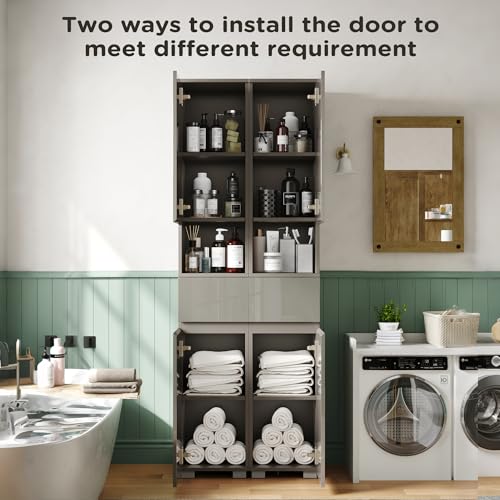 MHOM High Glossy Slim Bathroom Cabinet. 66.9" Tall Storage Cabinet with Drawer and Adjustable Shelves, Narrow Linen Cabinet for Bathroom, Laundry, and Living Room, Grey - color: Grey
