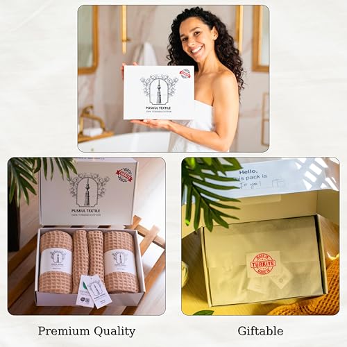 PÜSKÜL - Turkish Waffle Weave Towel Set - 100% Turkish Cotton Long-Staple Cotton, 4-Piece Bathroom Set (2 Bath, 2 Hand Towels) - Made in Turkey (Beige, Towel Set - 2 Hand & 2 Bath Towels) - color: Beige, size: Towel Set - 2 Hand & 2 Bath Towels