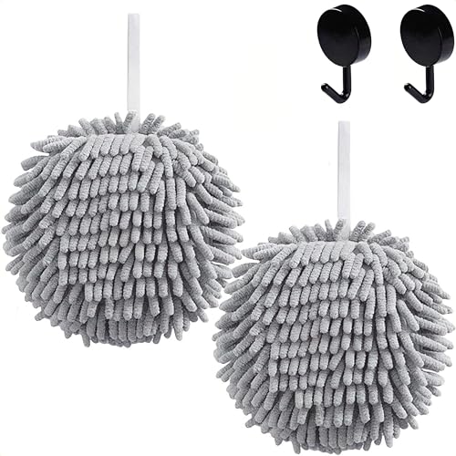 2 Pcs Fluffy Ball Hand Towel for Bathroom with 2 Hooks (2 Grey) | Microfiber Fuzzy Ball Hand Towel, Soft, Fast Drying, Absorbent, Decorative, Cute, with Hanging Loop, Chenille Hand Towel - color: 2 Grey