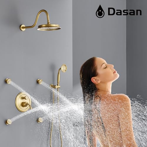 DASAN Antique Shower Faucet Sets Complete Rain Shower System in Wall with Body Shower Spray Jets, Brushed Gold Shower Fixtures with 9'' Rainfall Overhead Shower, Handheld, Valve & Trim Kit, AT249W-BTG - color: Brushed Gold