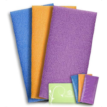 Exfoliating Washcloth Back Scrubber, 3 Pack, Orange Purple Navy | Japanese Beauty Washcloth, Back Scrubber for Daily Use, Textured Poly Nylon Body, Smoother-Looking Skin, Quick-Dry - style: Orange + Purple + Navy-Blue