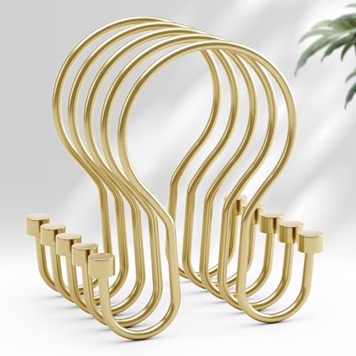 AmazerBath Shower Curtain Hooks, Shower Curtain Rings with Cylindrical Design, Light Gold Shower Curtain Hooks Rust Proof, Metal Double Hook Shower Hooks for Shower Curtain - color: Light Gold, style: Double Shower Hooks