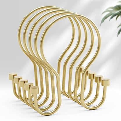 AmazerBath Shower Curtain Hooks, Shower Curtain Rings with Cylindrical Design, Light Gold Shower Curtain Hooks Rust Proof, Metal Double Hook Shower Hooks for Shower Curtain - color: Light Gold, style: Double Shower Hooks
