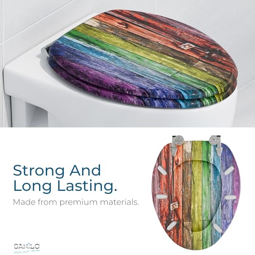 SANILO Wooden Toilet Seat with Soft Close [ELONGATED] - Decorative, Quiet & Slow Close Molded Wood Seat - With Strong Bumpers & Hinges - Adjustable Fit - Rainbow - color: Rainbow
