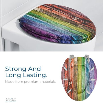 SANILO Wooden Toilet Seat with Soft Close [ELONGATED] - Decorative, Quiet & Slow Close Molded Wood Seat - With Strong Bumpers & Hinges - Adjustable Fit - Rainbow - color: Rainbow