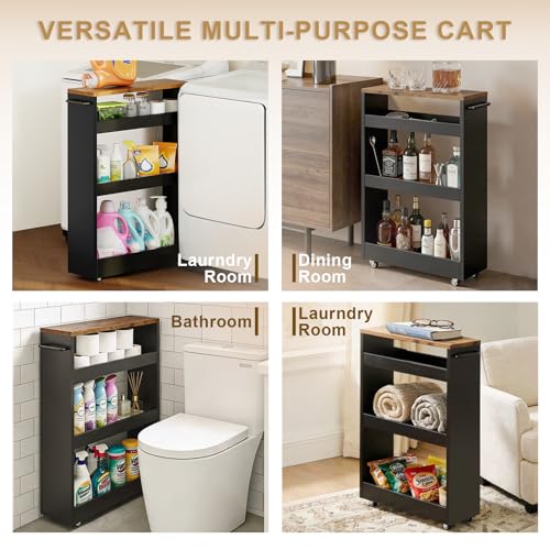 TEAMIX Wood 4-Tier Slim Rolling Storage Cart, 7.9"W, 24.8"D, 36.7"H, Black | Height Adjustable, 360°Swivel Wheels, Deeper & Taller, Use as Narrow Kitchen Cart, Laundry Organizer Between Washer & Dryer - color: Black