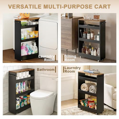 TEAMIX Wood 4-Tier Slim Rolling Storage Cart, 7.9"W, 24.8"D, 36.7"H, Black | Height Adjustable, 360°Swivel Wheels, Deeper & Taller, Use as Narrow Kitchen Cart, Laundry Organizer Between Washer & Dryer - color: Black