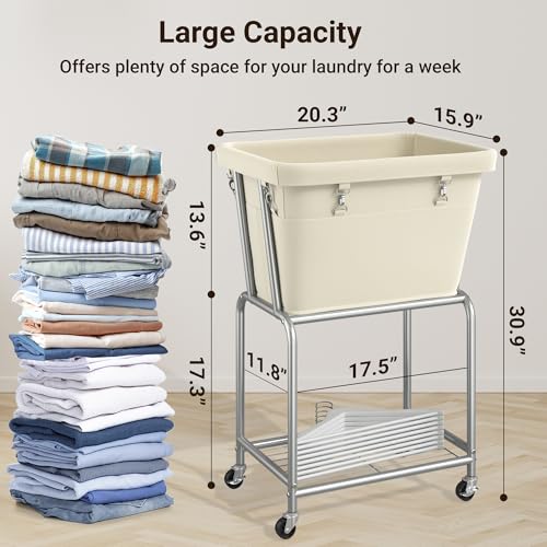 ELYKEN Rolling Laundry Hamper with Wheels, Removable Bag, Laundry Cart | Heavy Duty Metal Frame, 2-Tier Clothes Basket with Shelf, Ideal for Closet, Bedroom, Bathroom & Laundry Room - color: Cream, size: 20.3"L x 15.9"W x 30.9"H