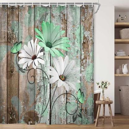 JAWO Farmhouse Flower Floral Shower Curtain, Rustic Green Daisy Shower Curtain Set, Country Green Wild Garden Plant Fabric Shower Curtain with Hooks, Brown Wooden Board Bathroom Curtain, 69x70inch - color: Daisy-green, size: 69"W x 70"L (Pack of 1)