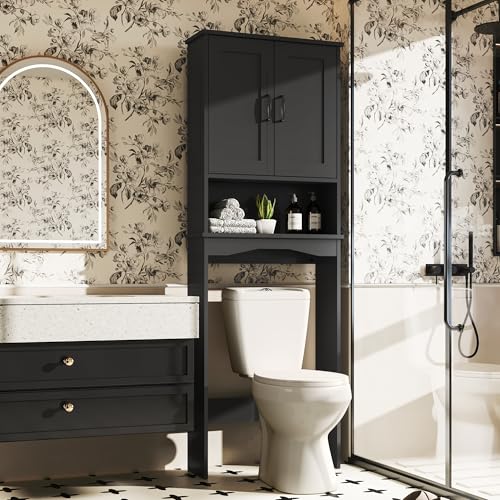 ROOMTEC Over The Toilet Storage Cabinet with Adjustable Shelf and Double Doors, Freestanding Bathroom Cabinet Organizer with Open Shelf, Home Space-Saving Toilet Rack for Restroom, Laundry, Black