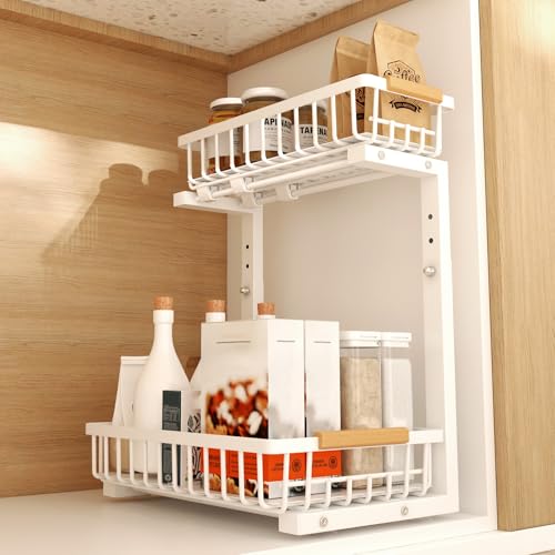 Under Sink Organizer, Under Sink Organizers and Storage, 2-Tier Pull Out Under Cabinet Organizer Storage Shelf, Metal Frame, Height Adjustable Rack for Bathroom Kitchen Pantry - style: White, 1-Pack