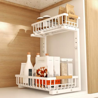 Under Sink Organizer, Under Sink Organizers and Storage, 2-Tier Pull Out Under Cabinet Organizer Storage Shelf, Metal Frame, Height Adjustable Rack for Bathroom Kitchen Pantry - style: White, 1-Pack