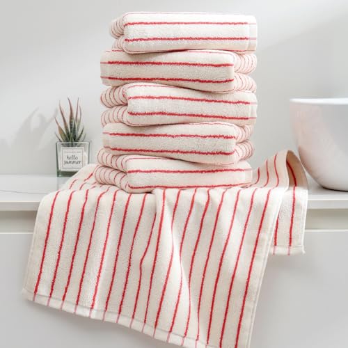 Striped Hand Towels for Bathroom, 100% Cotton Red Stripe, 6 Pack, | Face Towels Super Soft Fast Drying Black Stripes Bathroom - color: Red