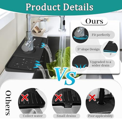 24'' Longer Kitchen Faucet Mat, Silicone Sink Splash Guard Drying Mat with 5° Slope & Cuttable Hole, Fast Draining Catcher Tray Dish Soap Sponge Holder for Kitchen Sink (Black, 24"x 5.5")