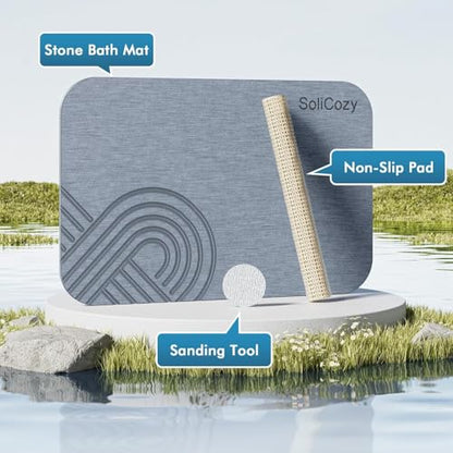 SoliCozy Stone Bath Mat - Diatomaceous Earth Quick Dry Bath Mat, Super Absorbent Non-Slip Shower Mat for Bathroom, Kitchen, Pool - Natural Diatomite Bathtub Mat (Grey, 16x24in.