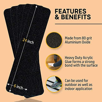 Non-Slip Stair Treads for Wooden Steps, Indoor and Outdoor Grip Tape Black | 15 Pack, 6 x 24 Inches, Waterproof 80-Grit Adhesive Treads, Concrete Step Use, Strong Non-Skid Traction, Weather Resistant - size: Black, style: 15 Pack