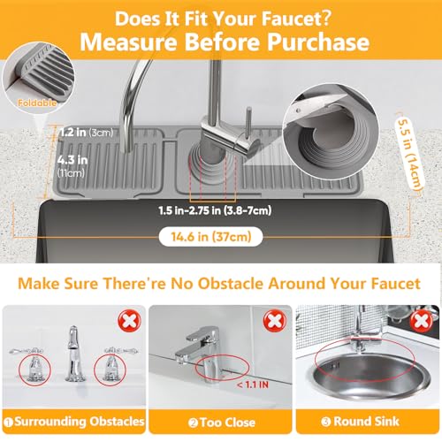 14.6 inch Faucet Mat for Kitchen Sink Splash Guard[7° Slope Fast Self-draining][Snap Lock Fit]Kitchen Sink Faucet Mat Splash Guard Kitchen Sink Area Water Splash Guard Behind Faucet Draining Mat - color: Gray, size: 14.6" x 5.5"