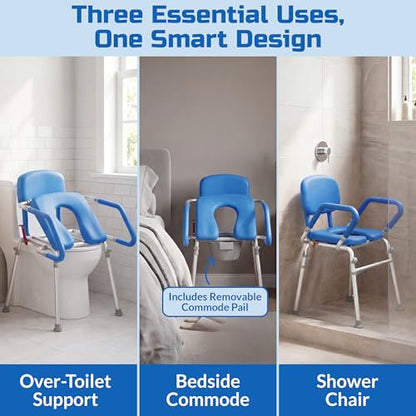 Raised Toilet Seat with Handles, Elevated Toilet Seat Riser for Seniors | Comfortable, Accessible Bedside Toileting - Blue, padded seat, backrest - size: 300lb. Capacity