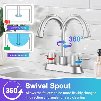 Bathroom Faucet for 3 Hole Brushed Nickel, Herogo 4 Inch 2-Handle Bathroom Sink Faucet with Pop-Up Drain and Supply Hoses, 18/10 Stainless Steel Faucets for RV Vanity - color: Brushed Nickel, style: Round Handles
