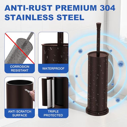 Toilet Brush and Holder Set：304 Stainless Steel Heavy Duty Toilet Bowl Brush，Removable Inner Bowl and Splash Protection，Bathroom Toilet Brush-Dense Bristles for Through Cleaning - color: Bronze