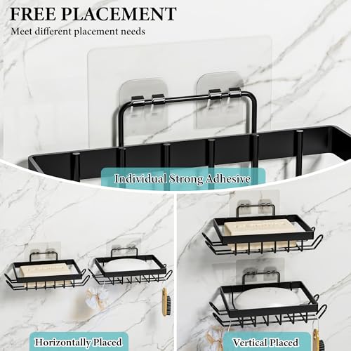 Vowupt Soap Bar Holder for Shower with 8 Hooks, Set of 2 Bar Soap Dish for Bathroom, Self Draining Shower Soaps Holder, Adhesive Soaps Saver Soap Tray Stand for Bathroom Accessories(Black)