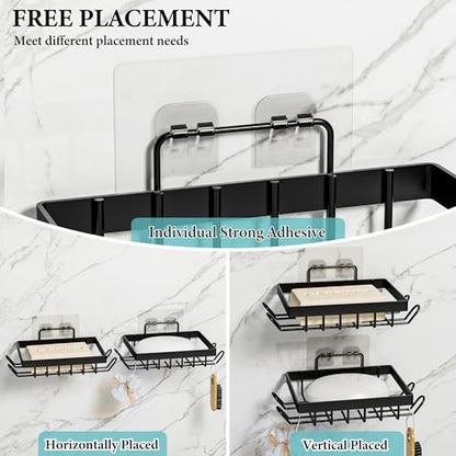 Vowupt Soap Bar Holder for Shower with 8 Hooks, Set of 2 Bar Soap Dish for Bathroom, Self Draining Shower Soaps Holder, Adhesive Soaps Saver Soap Tray Stand for Bathroom Accessories(Black)