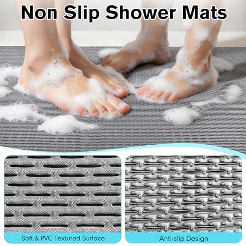 Extra Large Non-Slip Shower Mat, 58.26" x 31.49" Bathroom Shower Mat, Fast-Dry Drainage Hole PVC Bath Tub Mat, Anti Slip Bathroom Safety Accessory for Elderly/Kids, Gray