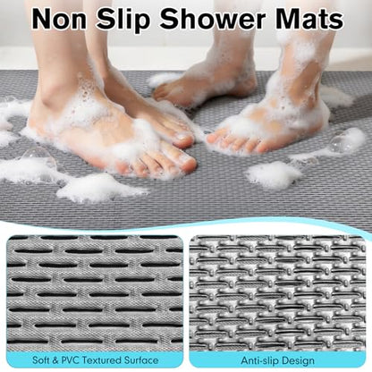 Extra Large Non-Slip Shower Mat, 58.26" x 31.49" Bathroom Shower Mat, Fast-Dry Drainage Hole PVC Bath Tub Mat, Anti Slip Bathroom Safety Accessory for Elderly/Kids, Gray
