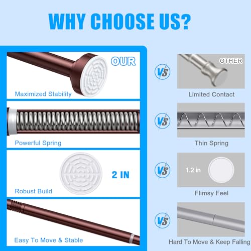 TEECK Shower Curtain Rod, 32-92 inch Adjustable Spring Tension Curtain Rod, Never Rust Anti-Slip Shower Curtain Rod for Bathroom, No Drilling, Never Collapse, Easy to Use, Brown - color: Brown, size: 32-92 Inches