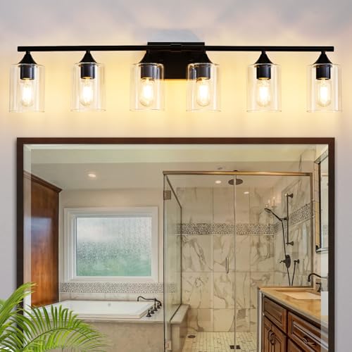 6-Light Matte Black Bathroom Light Fixtures, Over Mirror with Clear Glass Shade, Wall Light Sconce for Vanity Table, Hallway - color: Black, size: 6-Light