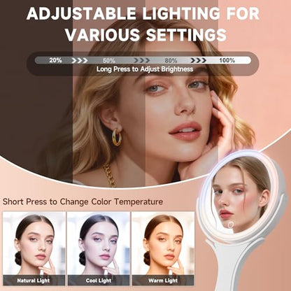 Hasipu Makeup Mirror with Lights 2000mAh Rechargeable Travel Mirror | 1X/10X Magnifying, Phone Stand Design, Rechargeable, 360° Rotatable, 3 Color Dimmable, Tabletop, Handhold, Hanging, White - color: White