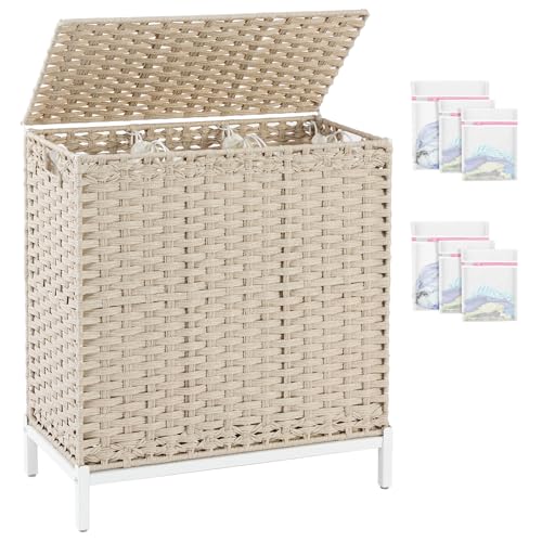 SETVSON Laundry Hamper with Lid,Clothes Hamper with Lid,132 L, Light Khaki | 35 Gallons, Handwoven Rattan Laundry Hamper, Metal Heightened Feet, 3 Removable Liner Bags for Laundry - color: Light Khaki, size: 132 L - 35 gal