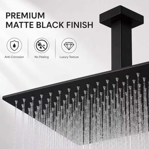 Black Rainfall Shower Head BSTIIU 16 Inch Square Ceiling Mounted Showerhead, Ultra Thin Stainless Steel Overhead Shower Head, Matte Black - color: Matte Black, size: 16-Inches, style: Square