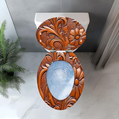 Elongated Resin Toilet Seat, Quietly Close Quick Release Hinges Cover | Toilet Lid Cover Easy to Clean and Install, Hand Tooled Leather Heavy Duty Toilet Seat - color: pattern4, size: V-shape