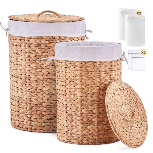 Round Water Hyacinth Laundry Hamper with Lid Handwoven Wicker Basket with Handles for Dirty Clothes, Storage, and Organization Ideal for Bedroom, Bathroom, and Laundry Room, No Assembly Required, 2Pcs - color: Natural, size: 2P（60L+90L）
