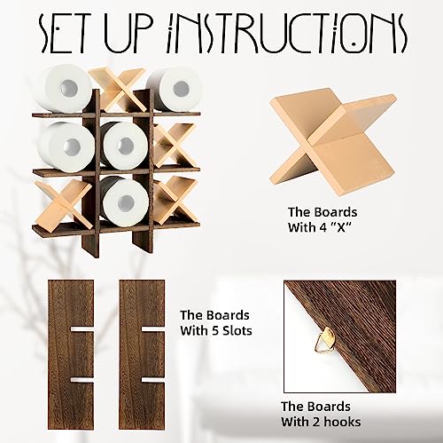 Weysat Tic Tac Toe Toilet Paper Holder Stand Bathroom Wall Decor Rustic Wooden Hanging Storage Freestanding Wall Mounted Shelves Decor for Toilet Tissue Farmhouse