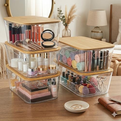 CiWiVOKi 6 Pack Clear Stackable Storage Bins with Bamboo Lids, 3.7L BPA-Free Plastic Organizer Containers with Handles, for Pantry, Kitchen, Fridge, Bathroom, Cabinet & Closet Organization - size: 6 Pack Storage Bins with Lids