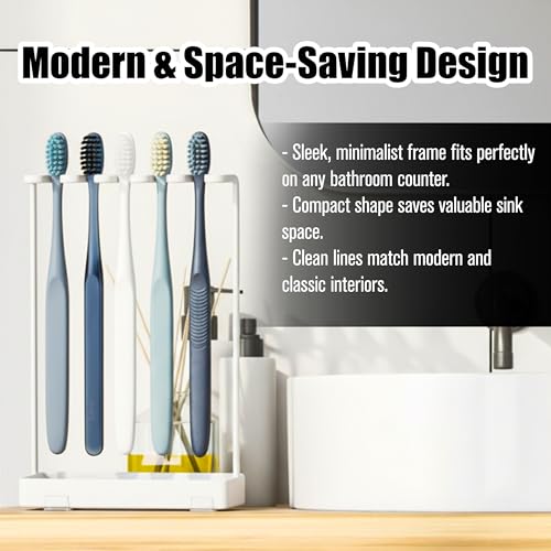 Stainless Countertop Toothbrush Holders Stand, Rustproof Bathroom Organizer with 5 Ventilated Slots to Hold Manual Toothbrushes and Razor, Metal Storage Collection for Family, Suitable for Home Vanity