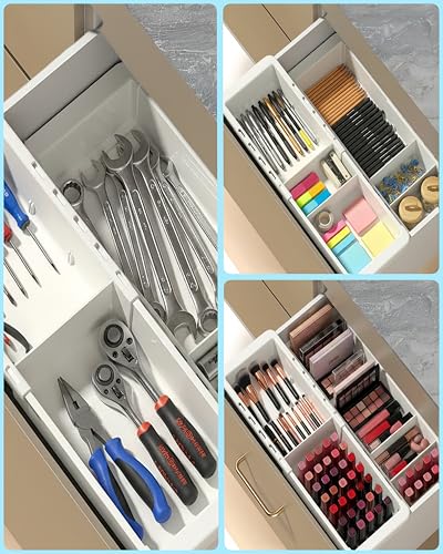 Deep Drawer Organizer, Expandable Storage Trays with Adjustable Dividers, 18.11” White Plastic Storage Tray for Office Supplies, Kitchen,Bathroom,Junk & Tool Drawers, Makeup - 2 Pack
