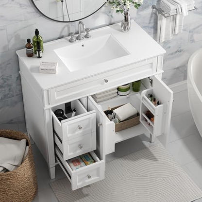 36" Bathroom Vanity with Sink, Solid Wood Frame Modern Bathroom Vanity, Bathroom Single Sink Cabinet with Charging Station, White - color: White, size: 36 inch