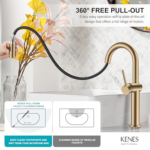 Champagne Bronze Pull Down Tall Vessel Sink Faucet 1 Hole 1 Handle | Vessel Bowl Faucet with Pop Up Drain & Supply Lines, Lead-Free cUPC & NSF Certified, 1 Hole Faucet for Vanity RV Restroom - color: Champagne Bronze, size: Tall