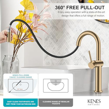 Champagne Bronze Pull Down Tall Vessel Sink Faucet 1 Hole 1 Handle | Vessel Bowl Faucet with Pop Up Drain & Supply Lines, Lead-Free cUPC & NSF Certified, 1 Hole Faucet for Vanity RV Restroom - color: Champagne Bronze, size: Tall