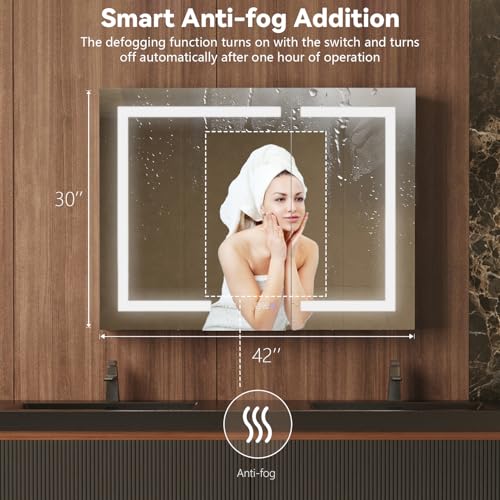 42" W Smart Lighted Medicine Cabinet with Mirror for Bathroom, Recessed/Surface Mount Medicine Cabinet with Anti-Fog, 1800W Charging Station, USB Ports, 3 Color Lights
