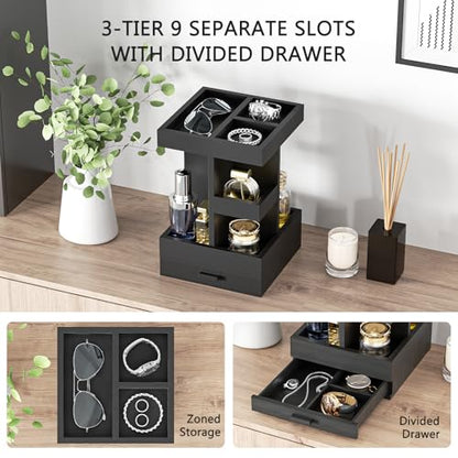 Rotating Cologne Organizer for Men, 3 Tier Wooden Stand with Drawer | 360 Spinning Perfume Holder, Large Capacity Modern Men's Vanity Tray & Dresser Organizer, Sleek Matte Black Wood Construction