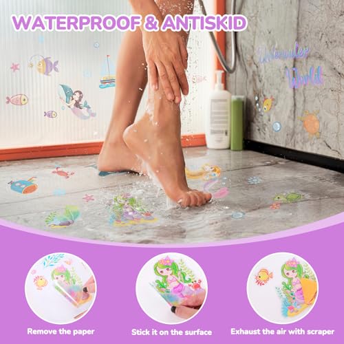 PRATIQUE Non Slip Bathtub Stickers, 6 Pages Underwater World Mermaid | Sea Organisms Stickers, Adhesive Kids Anti Slip Decal Threads, Shower Floor and Bath Tub Decals, Premium Scraper - color: Mermaid